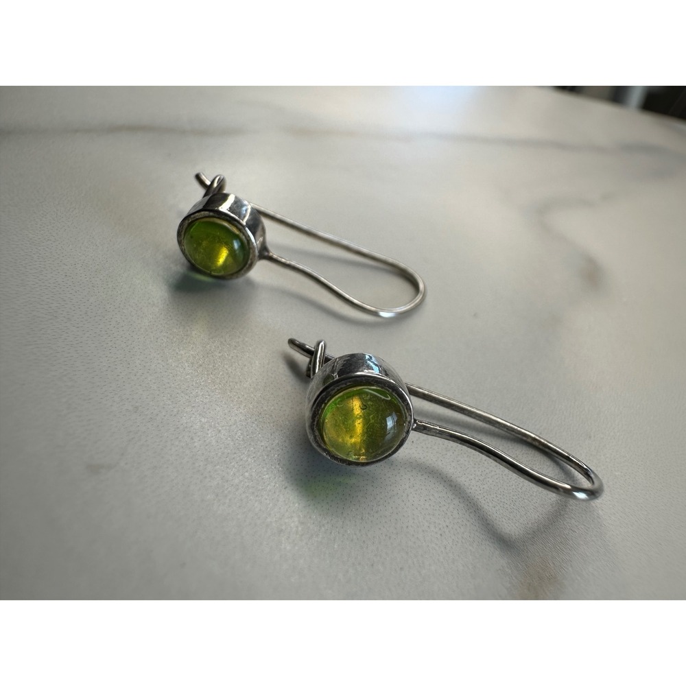Sterling Silver Peridot Cabochon Drop Earrings Kidney Wire 925 Green Gemstone